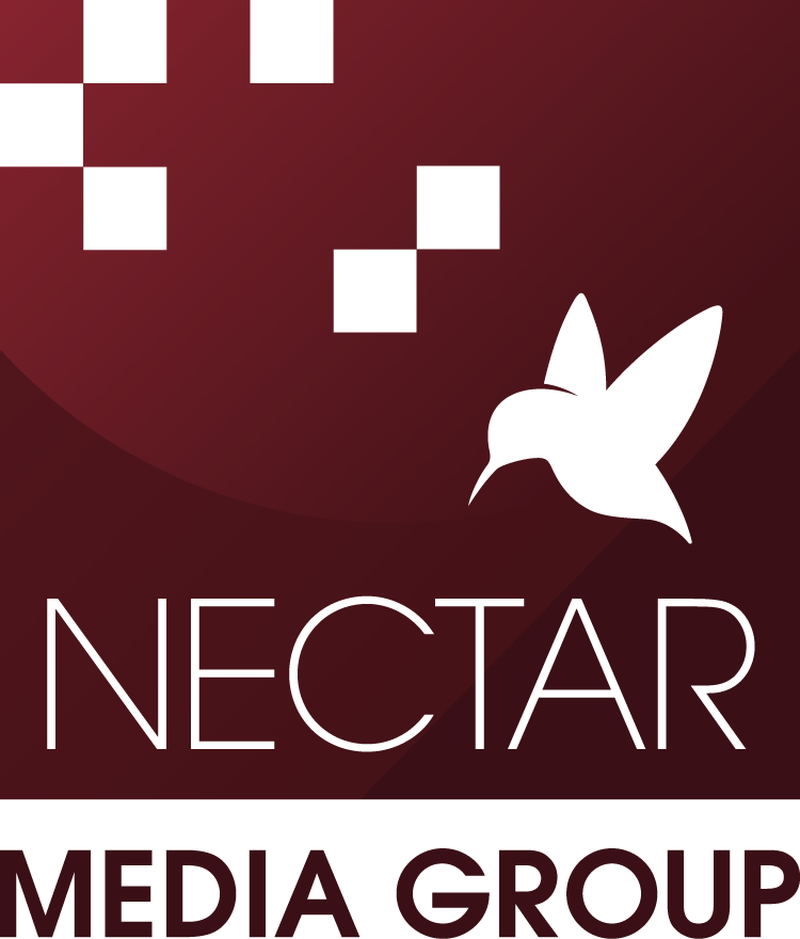 Nectar Media Group logo: an oxblood block with a white checkerboard, a white hummingbird, and the words Nectar Media Group