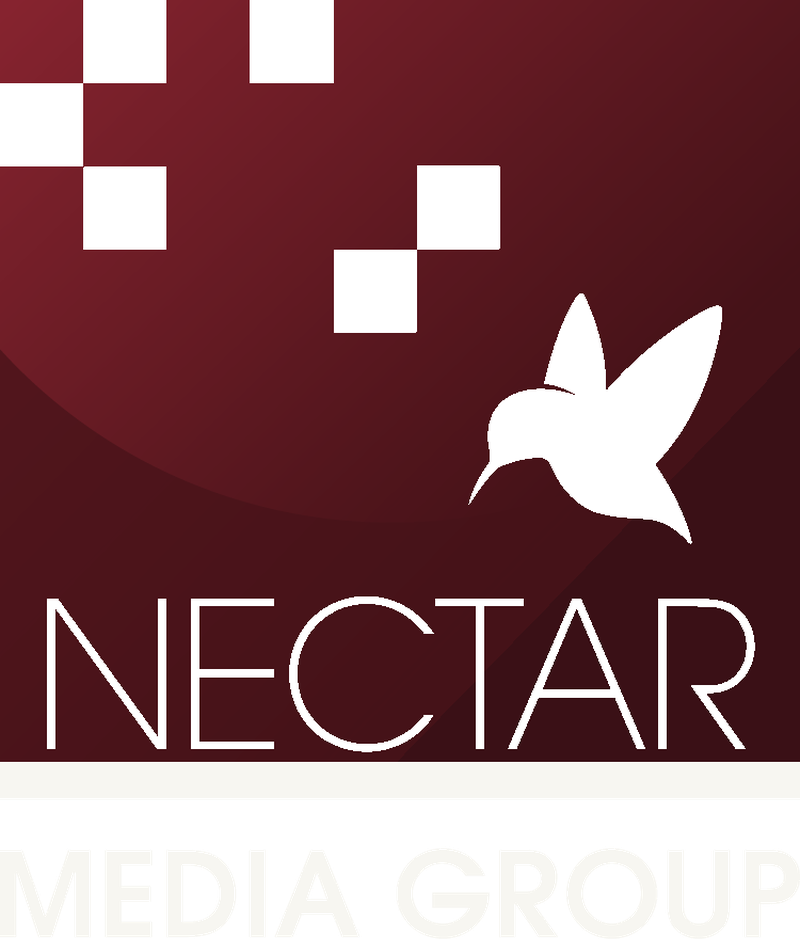 Nectar Media Group logo: an oxblood block with a white checkerboard, a white hummingbird, and the words Nectar Media Group in bone